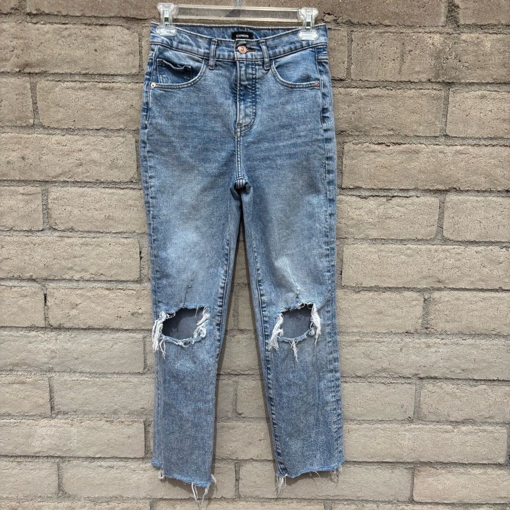 Express Light Denim Straight Ankle High Rise Distressed Jeans SZ 2